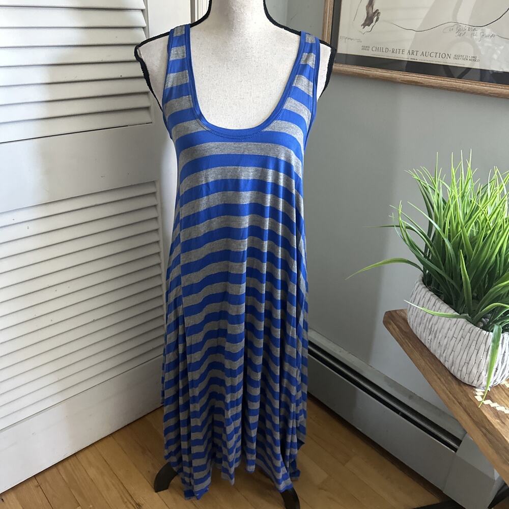 BCBGMaxazria Dress Womens XS Blue Gray Striped Hi Low Scoop Neck Retro Y2K Beach